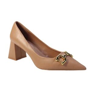 Zara Gold Horsebit Chunky Pointed Toe Heels Nude Size 39/US8